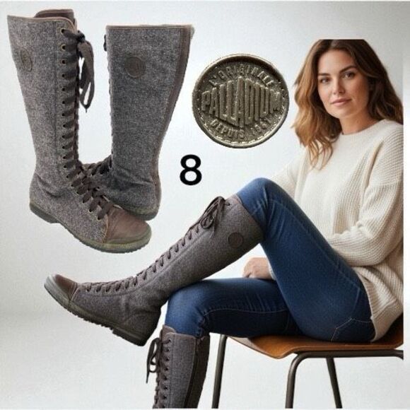 Palladium Women's Lace Up Side Zip Leather Trim Tall Boots Gray Brown Size 8 - Picture 1 of 10
